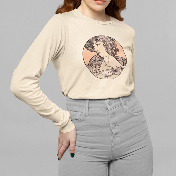 Outfit Bits Tops - Stained Glass Woman VTG Circle Print Long Sleeve Graphic Tee T-shirt S M L XL